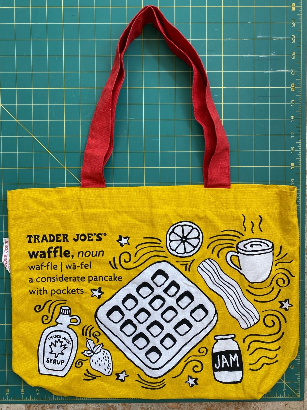 (2) Trader Joe’s Cloth Tote bags: Cheese Adventures & Waffles Toast Milk - Picture 3 of 13